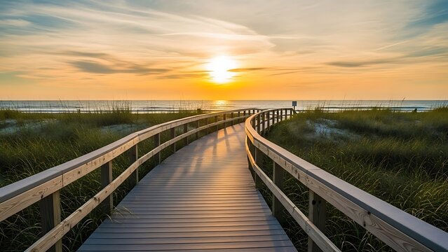 Wooden boardwalk leading to the ocean at sunset with golden light - Powered by Adobe