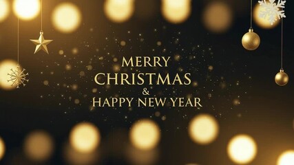 Dynamic holiday greeting animation with golden Christmas ornaments and shimmering bokeh lights