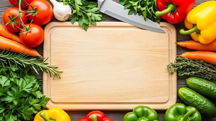 Fresh vegetables and herbs arranged around a wooden cutting board with a knife