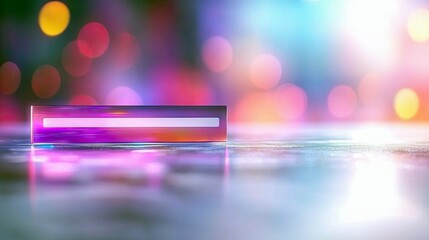 A colorful abstract image featuring a geometric object on a reflective surface, with a blurred bokeh background.