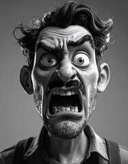 Extreme terrifying shot expressions CloseUp 3D caricatures cartoon worker highly dramatic movements facial
