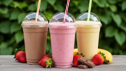 Three delicious fruit milkshakes with fresh strawberries and bananas