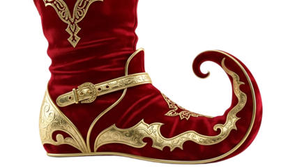 A red velvet jester shoe with gold accents and a curled toe isolated on a black background