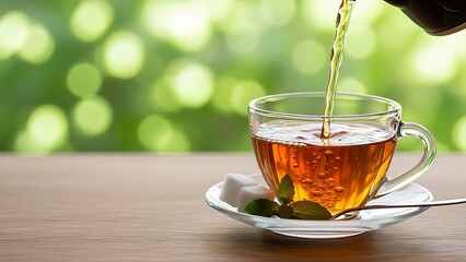 Hot tea being poured into a clear glass mug with a blurred green background