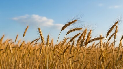 Golden wheat field under a clear blue sky with fluffy white clouds