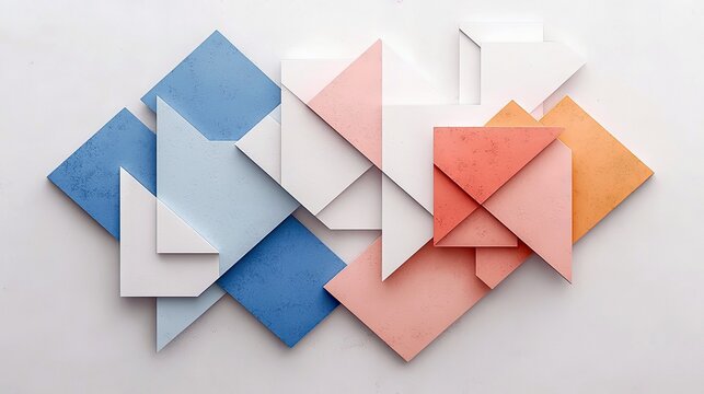 An artistic composition of colorful geometric shapes arranged against a white background, creating a modern and minimalist design.