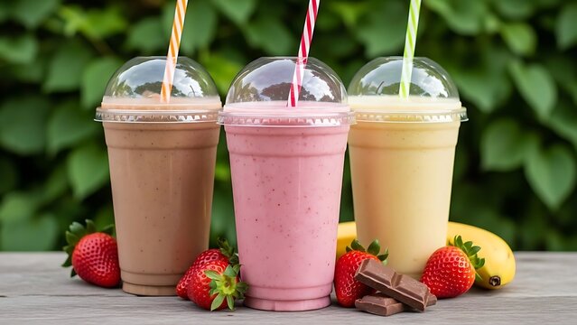 Three delicious fruit milkshakes with fresh strawberries and bananas - Powered by Adobe