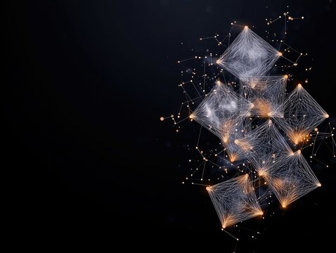 An artistic image featuring interconnected geometric shapes with glowing nodes and lines against a dark background, creating a sense of connectivity and technol