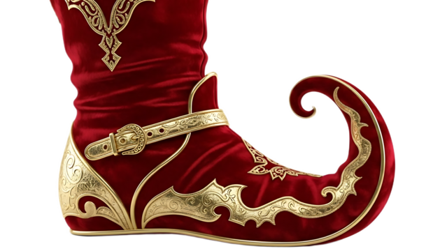 A red velvet jester shoe with gold accents and a curled toe isolated on a black background