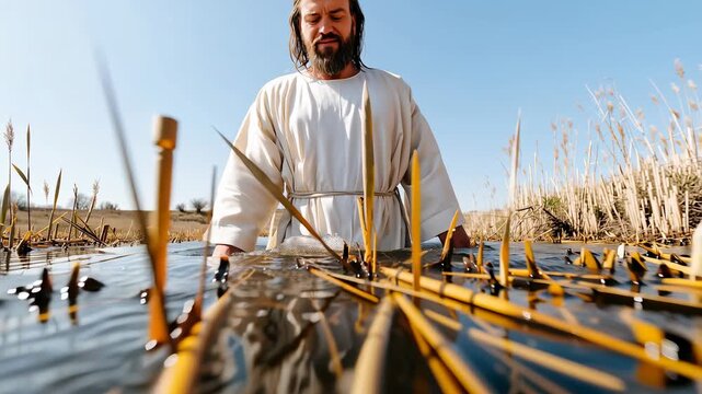Jesus Christ walking through water in a river. Biblical depiction of a holy prophet. Religious scene of faith and baptism