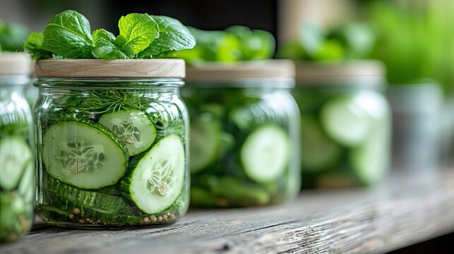 Close-up of glass jars filled with pickled cucumbers and fresh herbs, resting on a rustic wooden surface. The focus is on the front jar, with others blurred in - Powered by Adobe