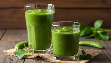 Two tall glasses filled with vibrant green healthy smoothie on a rustic wooden table