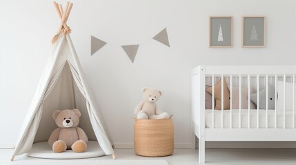 A Cozy Nursery Room with a Teepee, Teddy Bears, and a Crib