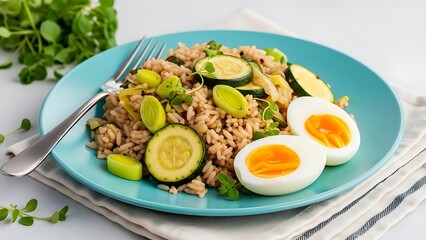 Healthy and delicious ground meat and vegetable bowl with boiled eggs