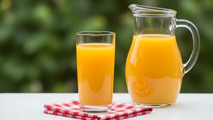 Refreshing orange juice in a glass and pitcher on a checkered napkin outdoors