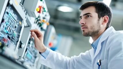 Medium shot of engineer adjusting machinery controlling conductive custom alloy blending for advanced electronics manufacturing