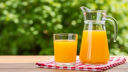 Refreshing orange juice in a pitcher and glass outdoors