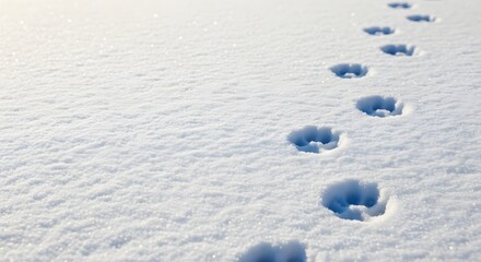 Close-up of cat paw prints leading across pristine, sparkling fresh snow for a winter nature exploration concept and serene solitude