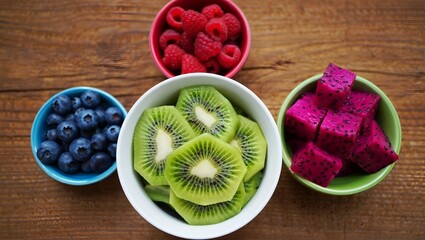 Healthy Superfood Flat Lay in Ceramic Bowls &ndash; Colorful Nutrient-Rich Ingredients