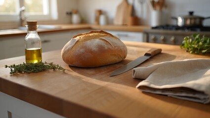 Cozy Kitchen with Freshly Baked Artisan Bread in Warm Natural Sunlight