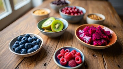 Healthy Superfood Flat Lay in Ceramic Bowls &ndash; Colorful Nutrient-Rich Ingredients
