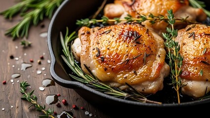 Crispy baked chicken thighs with rosemary and thyme in cast iron skillet