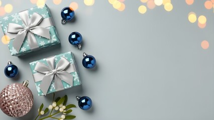 Minimalist Christmas background with blue gift boxes, silver bows, ornaments, and festive golden bokeh lights