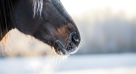 Detailed close up of a horse's dark muzzle covered in white frost and steam breathing in a cold winter landscape for animal resilience concept and extreme weather survival