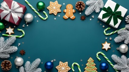 Christmas Holiday Border Frame with Gingerbread Cookies, Ornaments, and Fir Branches on Teal Background