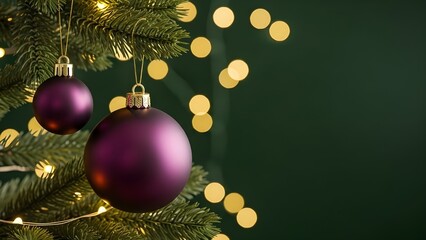 Festive Christmas Tree Branch with Purple Matte Ornaments and Golden Bokeh Lights Background