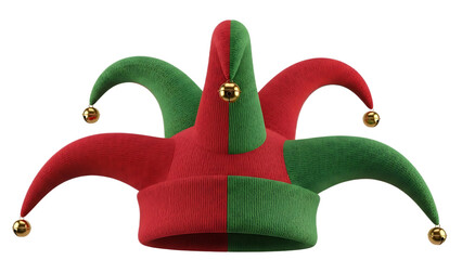 A red and green jester hat with golden bells isolated on a black background in a studio shot
