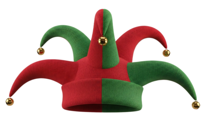 A red and green jester hat with golden bells isolated on a black background in a studio shot