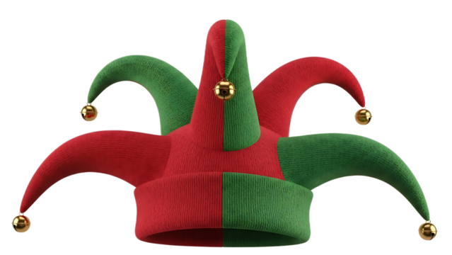 A red and green jester hat with golden bells isolated on a black background in a studio shot