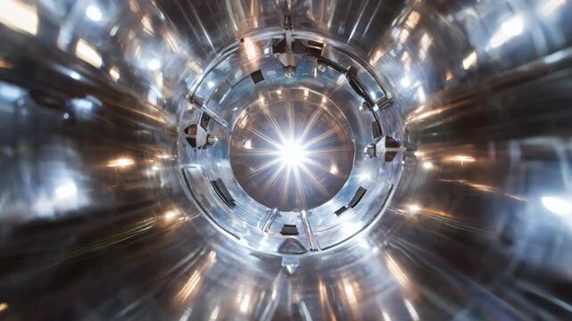 Medium shot of a concentrated solar furnace focusing sunlight through lenses to generate intense heat for industrial material processing