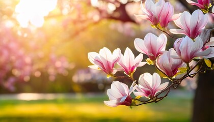 close up of blooming magnolia tree branches with vibrant pink and white flowers glowing in sunlight against a soft focus park backdrop