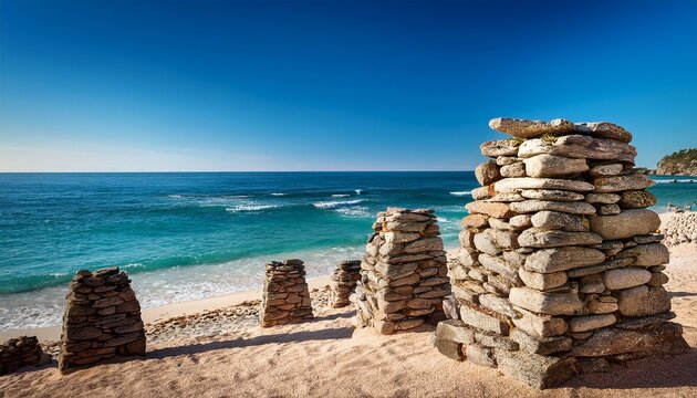 ancient stone structures with ocean backdrop under clear blue sky sandy shore and vibrant summer vibes