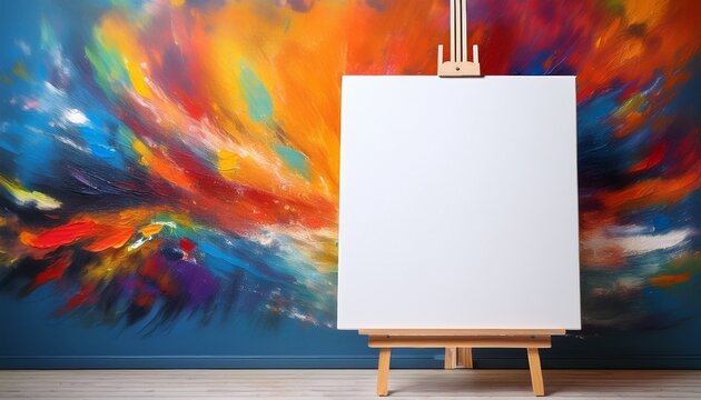 blank white canvas on wooden easel waiting for creative art colorful abstract painting in background offers burst of inspiration for new masterpiece