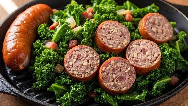 Culinary Harmony: A culinary masterpiece with a succulent sausage elegantly presented atop a bed of vibrant green kale, accompanied by perfectly diced pieces of another dish.