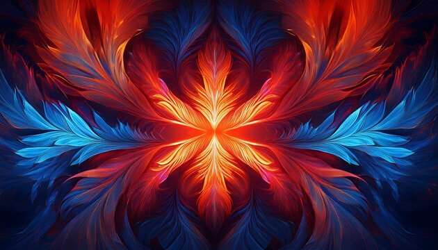 dynamic abstract background with fractal pattern of red flame and blue feather shapes vibrant light and energy creating beautiful and mysterious artistic design