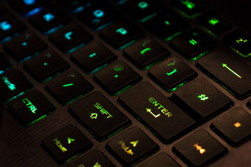 Close-up of illuminated computer keyboard.
