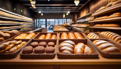 bakery section inside a grocery store with various breads and pastries on display blurred background and wooden counter in front