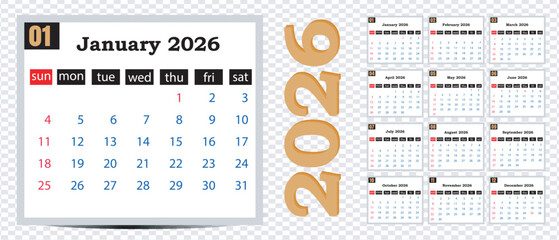 2026 Calendar Template – Colorful Monthly Planner Grid Vector Design