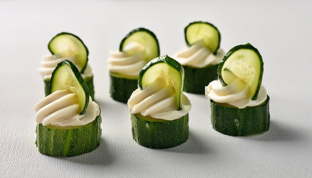 close up of cucumber and creamy white cheese canapacs on a white backdrop ideal for dining or event invitations