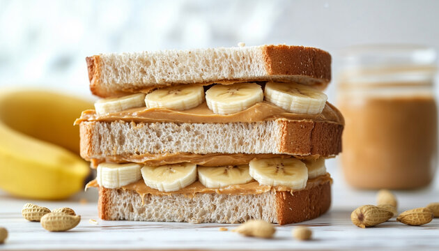 Sandwich with peanut butter and banana on white wooden table