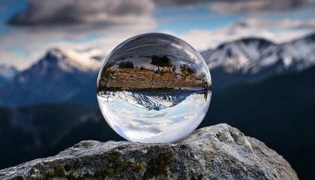 moody dramatic landscape with crystal ball on rock reflecting an inverted snow capped mountain this serene nature sphere captures mysterious and tranquil scene