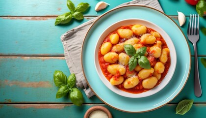classic homemade potato gnocchi served with tomato sauce fresh basil and parmesan cheese on a rustic turquoise kitchen table overhead shot of traditional italian cuisine