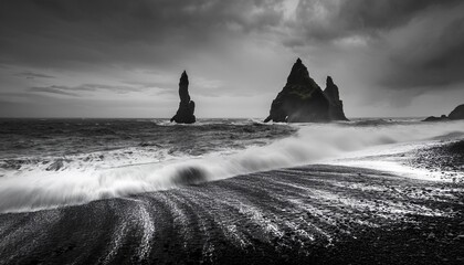 dramatic black and white seascape of moody coast in iceland stormy waves flow over dark rocks with majestic sea stacks in ocean creating powerful feeling