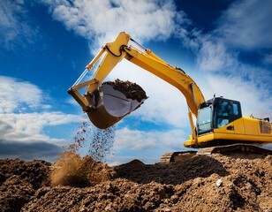 Obraz premium a yellow excavator digging into a pile of dirt against a cloudy blue sky