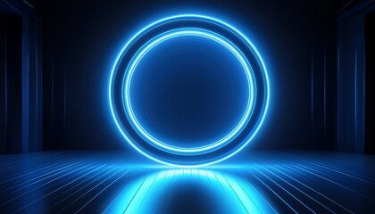 bright blue neon light circle ring glow on dark background glowing electric futuristic abstract shape creates serene reflection on floor in an empty room