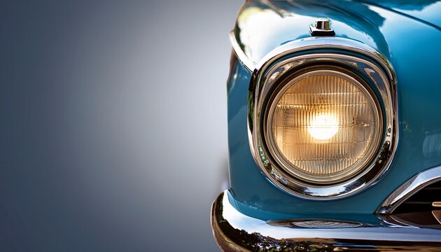 Fototapeta classic blue vintage car front headlight shining with warm nostalgic light old retro automobile detail on grey background evoking sense of past journeys